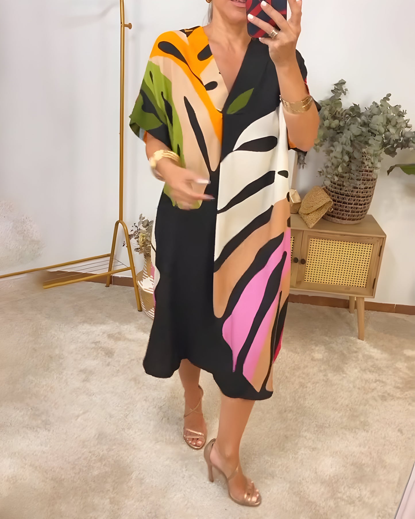 Roos™ | Casual Jurk met Kleurrijke Bladprint