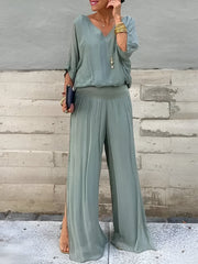 Livie™ | Elegante V-Hals Broek Set met Vleermuis Mouwen