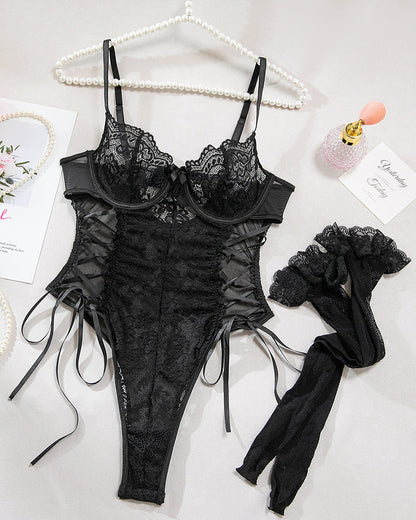 Christina™ | Doorzichtige kanten body met bloemendessin en strik aan de zijkant