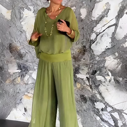 Livie™ | Elegante V-Hals Broek Set met Vleermuis Mouwen