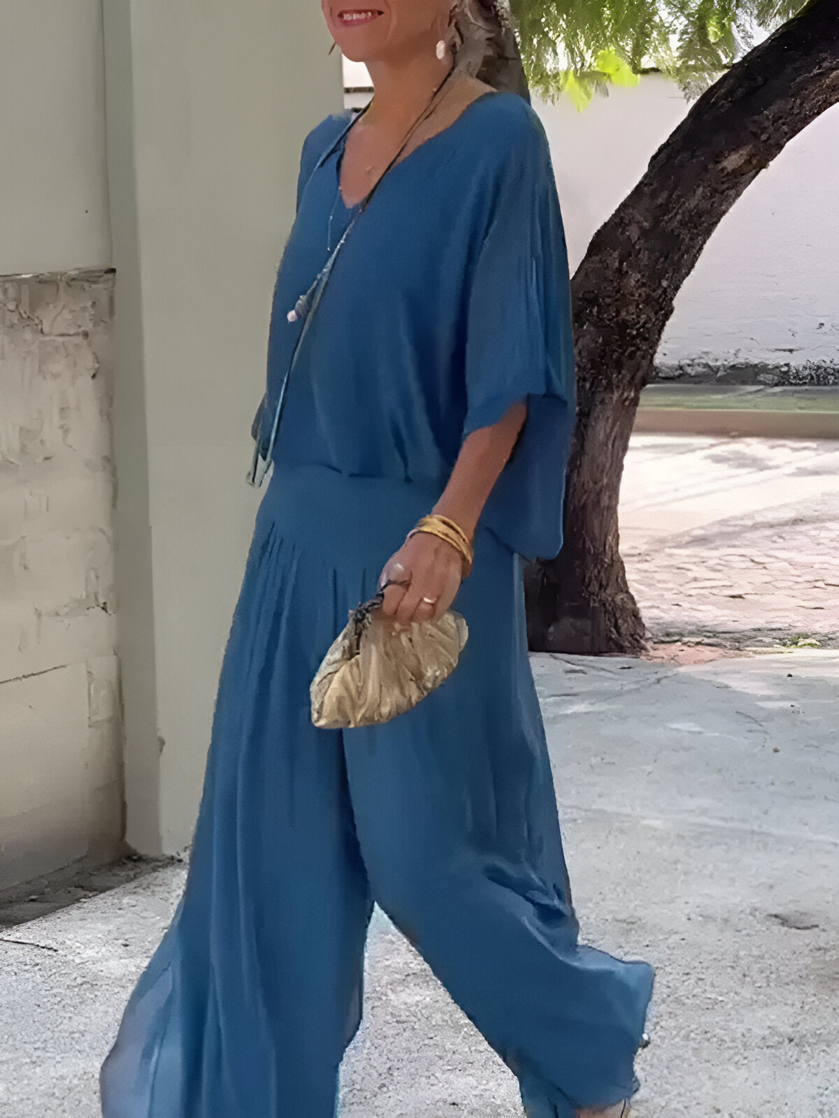 Livie™ | Elegante V-Hals Broek Set met Vleermuis Mouwen