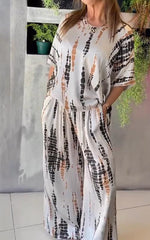 NOVERA™ | Casual tweedelig pak van satijn met ronde hals